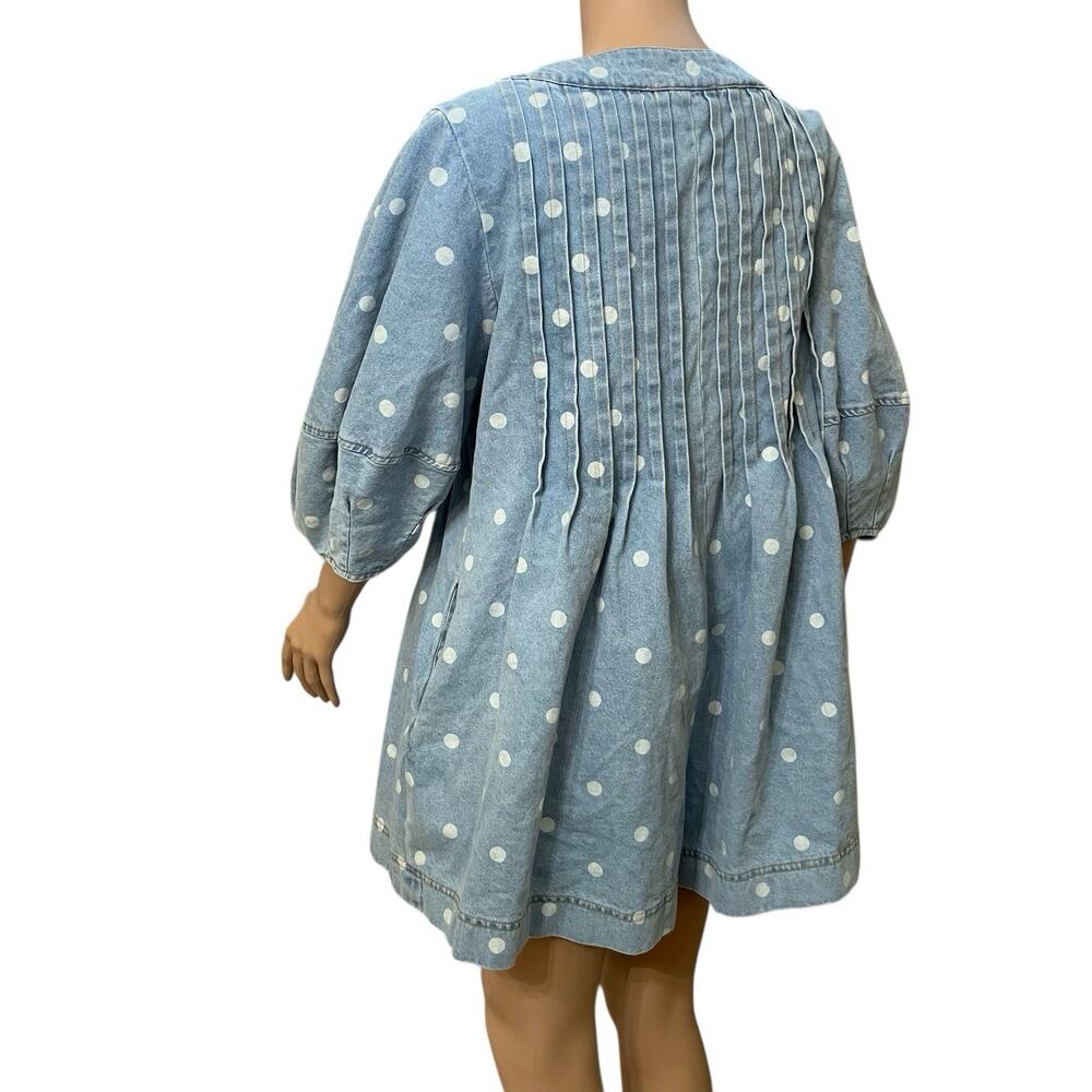 Peach Love California Polka Dot Denim Romper Large Oversized Puff Sleeve Pleated - Picture 5 of 10